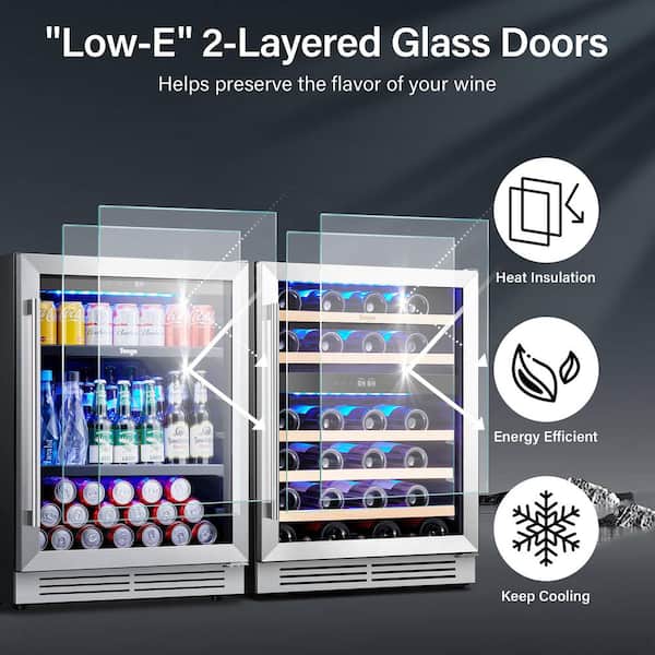 48 in. Triple Zone 52-Wine Bottles 140-Cans Beverage Wine Cooler in Black Side-by-Side Built-in or Freestanding Fridge
