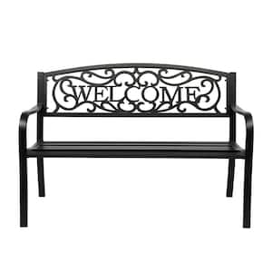 50 in. Patio Outdoor Metal Welcome Bench, Powder Coated Cast Iron Steel for Garden Path Yard Entryway