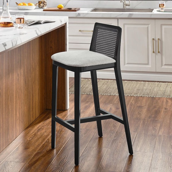 MODWAY Monarch Wood Bar Stool with Cane Rattan Back and Padded