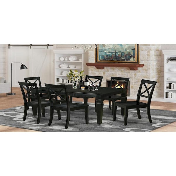 East West Furniture 7-Piece Rectangle Black Finish Solid Wood Top Dining Table with 6-Chairs with Lattice Back
