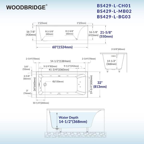 WOODBRIDGE 60 in. x 32 in. Heated and Whirlpool Bathtub with Matte