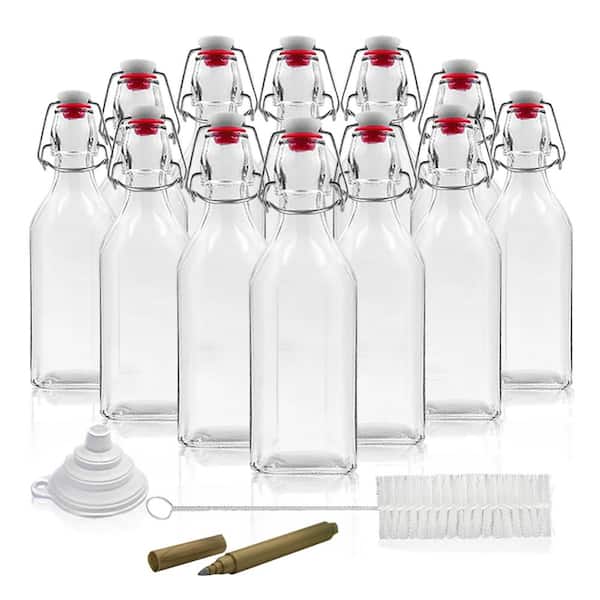 12 Pack of Glass Beer Bottles for Home Brewing - Square 8 oz Bottles with  Flip Caps and Funnel