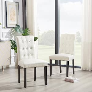 Upholstered Dining Chairs Set of 2 Biege Button Tufted Back, Padded Seat, Wood Legs with Rubber Footpads Kitchen Chairs