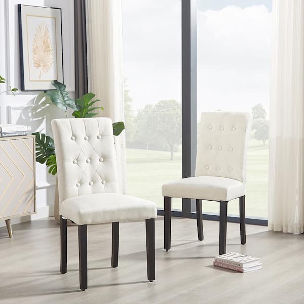 VECELO Upholstered Dining Chairs Set of 2 Biege Button Tufted Back, Padded Seat, Wood Legs with Rubber Footpads Kitchen Chairs
