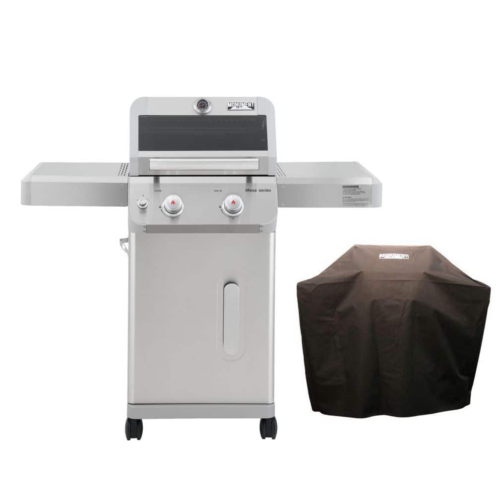 Mesa Portable 2-Burner Propane Gas Grill in Stainless Steel with Clear View Lid, LED Controls, and Grill Cover