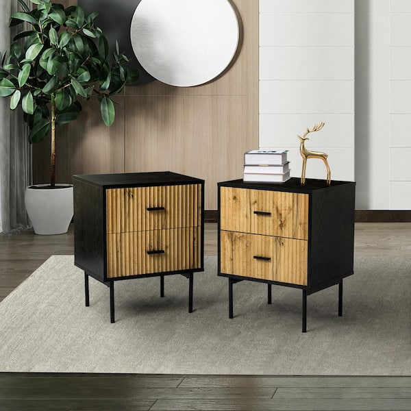 JAYDEN CREATION Orena 19.7 in. W x 15.7 in. D x 25.2 in. H 2-Drawer Black Nightstand with Metal Legs and Ample Storage Space(Set of 2)