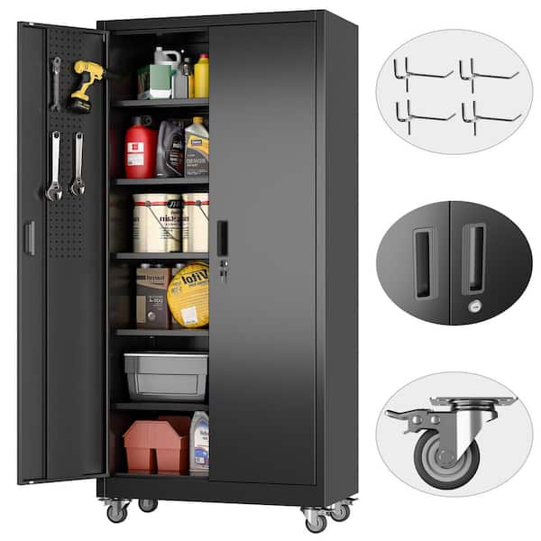 34 in. W x 71 in. H x 18 in. D Steel Rolling Freestanding Cabinet with 5-Adjustable Shelves, Pegboard, Hooks in Black