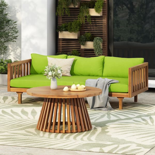 2-Piece Teak Brown Acacia Wood Patio Conversation Set with Green Cushions