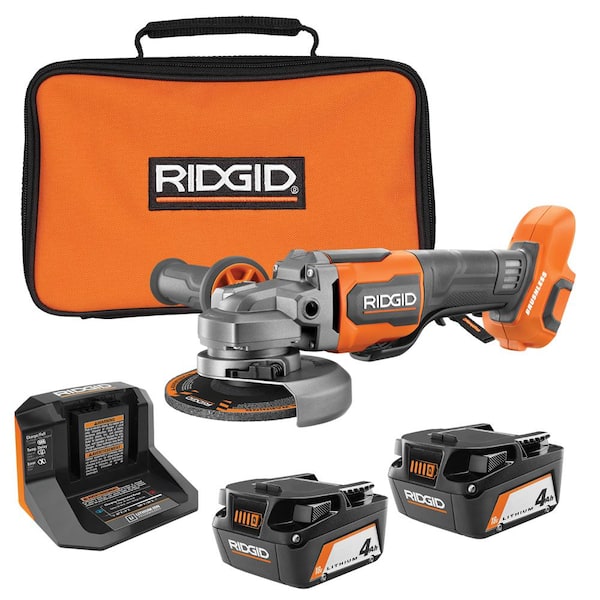 RIDGID 18V Brushless Cordless 4-1/2 in. Paddle Switch Angle Grinder with (2) 4.0 Ah Batteries, Charger, and Bag