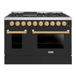 BOLD 48 in. TTL 6.7 CuFt 8 Burner Freestanding Dual Fuel Range LP Gas Stove and Electric Oven, Matte Graphite Brass Trim