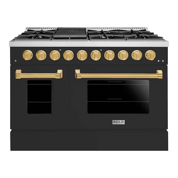 Hallman BOLD 48 in. TTL 6.7 CuFt 8 Burner Freestanding Dual Fuel Range LP Gas Stove and Electric Oven, Matte Graphite Brass Trim