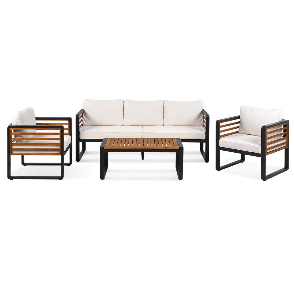 4-Piece Acacia Wood Outdoor Patio Conversation Set with Beige Cushions and 1 Coffee Table price history on PriceWatchPro