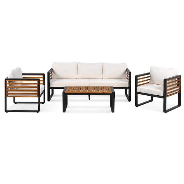 4-Piece Acacia Wood Outdoor Patio Conversation Set with Beige Cushions and 1 Coffee Table