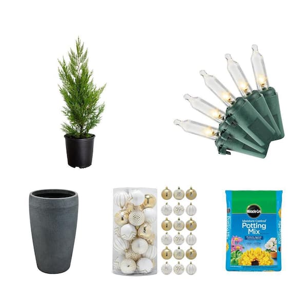 2.5 Gal. Leyland Cypress Tree, 50 LED Lights, 21.5 Gal. Planter, 30-Pc Ornament and 25 qt. Mix