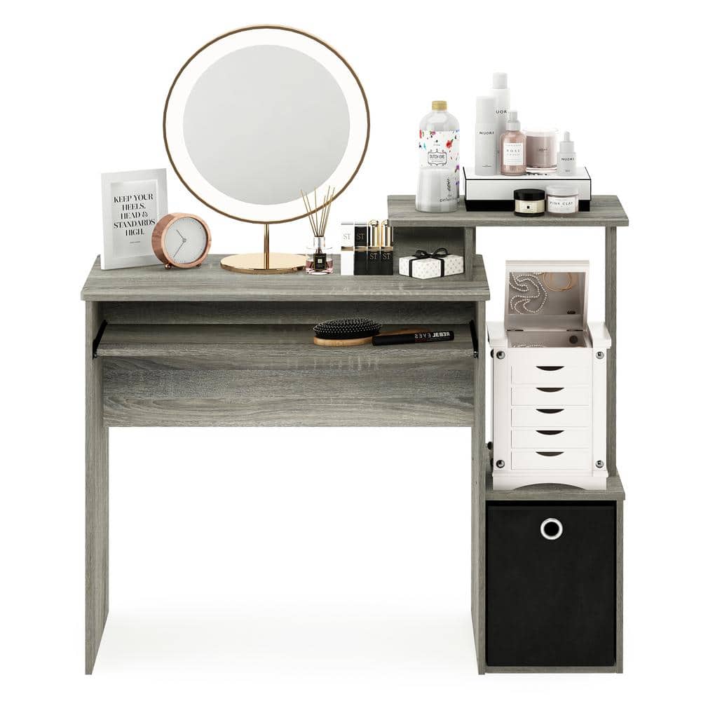 Compact French Oak Grey Computer Desk with Keyboard Tray and Storage Bin