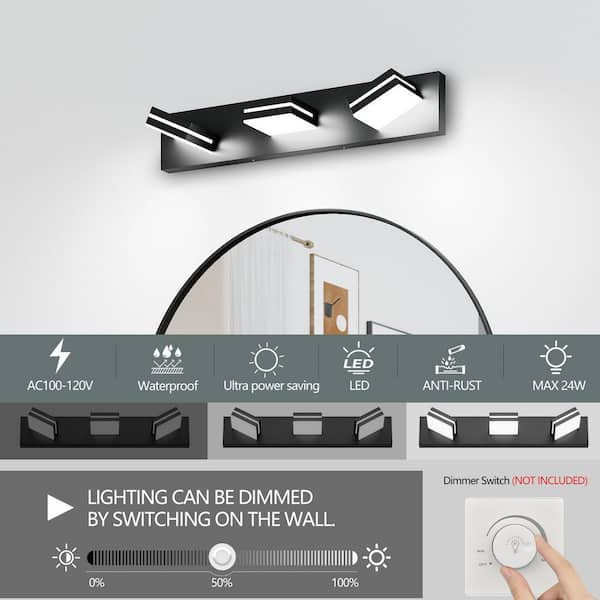 23.6 in. W 3 Light Black Vanity Light Fxture for Bathroom, Sleek Minimalist LED Wall Sconce