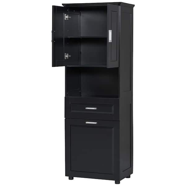 Tileon Modern 24.72 in. W x 16.29 in. D x 69.92 in. H Black Linen Cabinet Tall Bathroom Storage with Tilt-Out Laundry Hamper