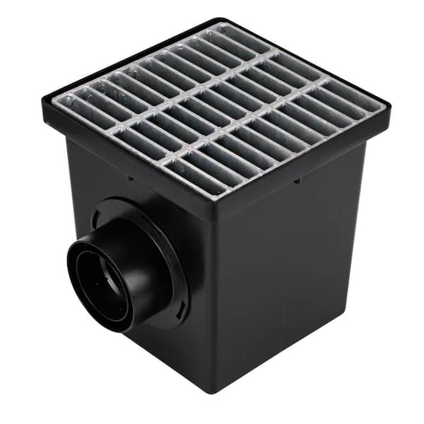 12 in. Plastic Square Drainage Catch Basin, 2 Opening Kit with Metal Grate