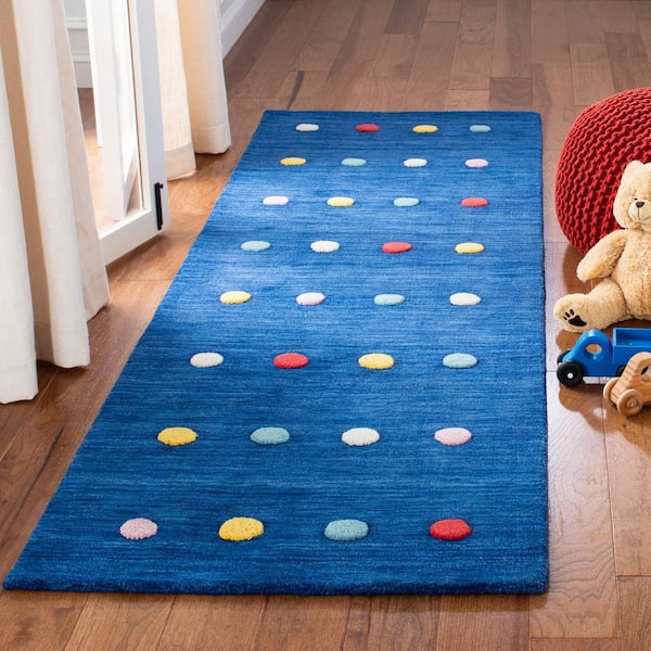 Kids 3 ft. x 8 ft. Navy Polka-Dot Striped Runner Rug