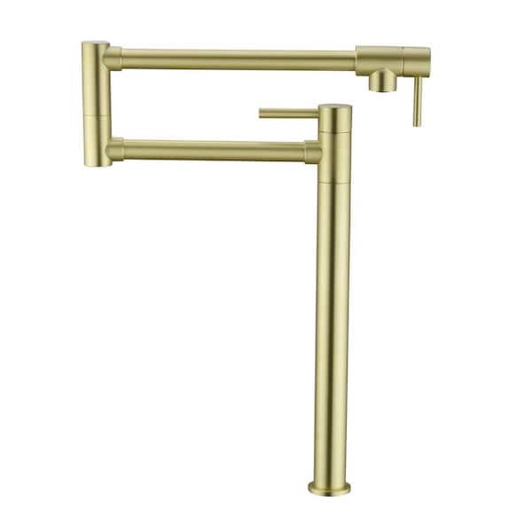 FLG Deck Mounted Pot Filler Double Handle Kitchen Sink Faucet Modern Countertop Retractable 1 Hole Tap in Brushed Gold