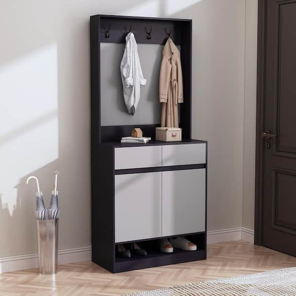FUFU&GAGA 75.4 in. H x 31.5 in. W Black and Grey Wood Shoe Storage Cabinet with Coat Hanging