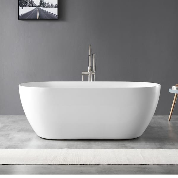 OVE Decors Ayago 59 in. Acrylic Freestanding Flatbottom Bathtub in White with Overflow and Drain in Satin Nickel Included