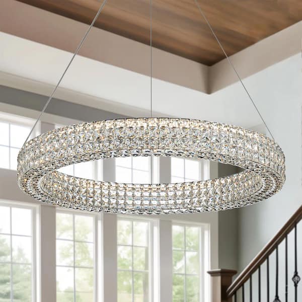 31.5 in. 1-Light Dimmable Chrome Crystal Integrated LED Chandelier Drum Pendant Hanging Light