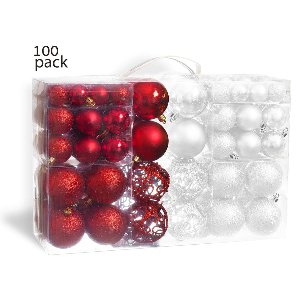 Red and White Shatterproof Christmas Ornament Set with Metal Hooks