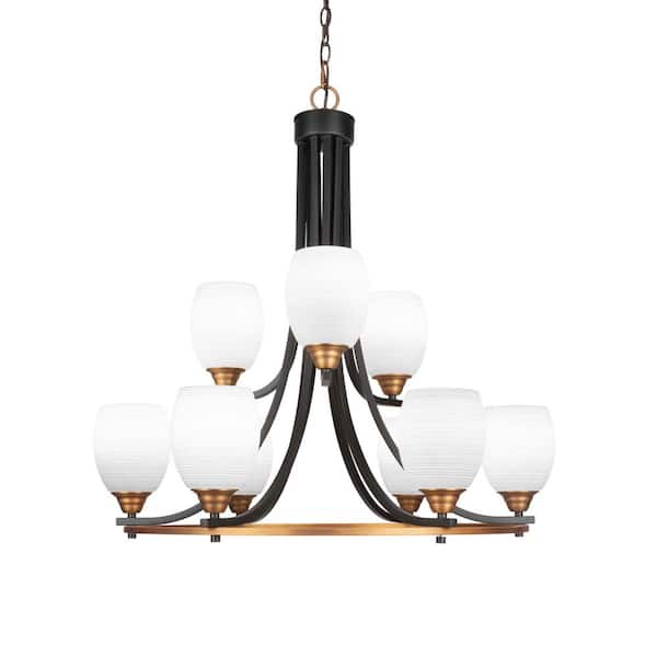 Unbranded Madison 9-Light Matte Black and Brass Round Chandelier with 5 in. White Matrix Glass Shades, No bulbs included