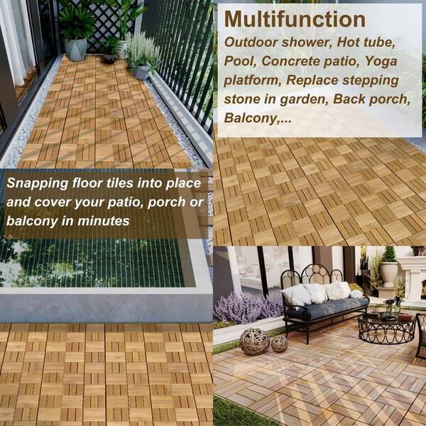 cadeninc 12 in. x 12 in. Square Interlocking Acacia Wood Outdoor Checker Pattern Flooring Tiles (Set of 10 Tiles)