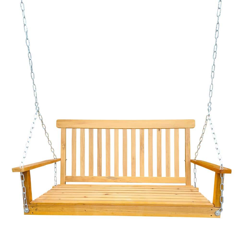 2-Person Yellow Wood Porch Swing with Armrests, Bench Swing with Hanging Ch
