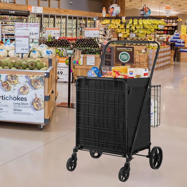 Folding Shopping Cart with Removable Waterproof Liner, 330 lbs. Large Capacity Jumbo Grocery Cart with Dual Basket Black
