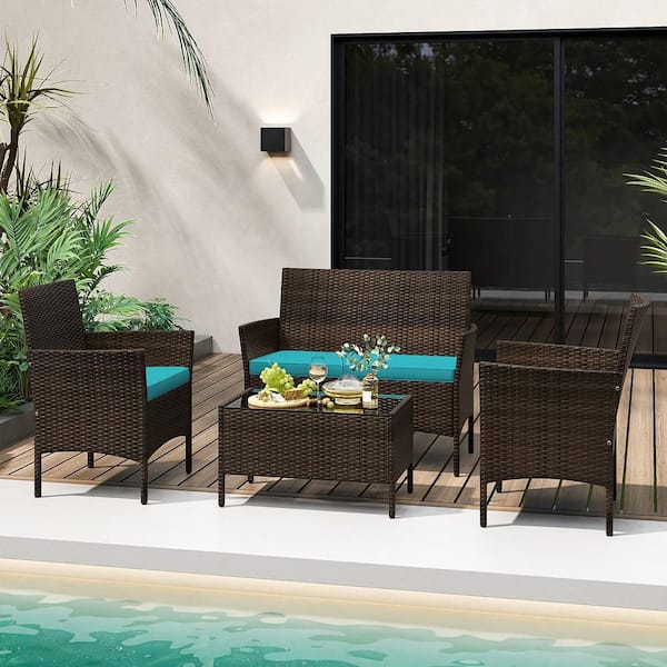 4 Piece Patio Rattan Conversation Set Wicker Furniture Set w/ Chair Loveseat Turquoise Cushions