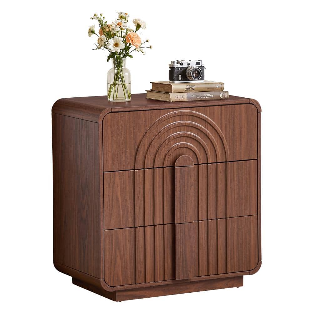 Mid Century Walnut 3 Drawer Accent Cabinet, Arched Textured Storage Chest, Versatile Nightstand & Sofa Side Cabinet