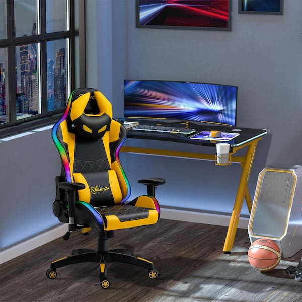 Vinsetto Black Yellow Racing Gaming Chair RGB LED Light Home Office Computer Recliner High Back Gamer Chair 921-449 The Home Depot