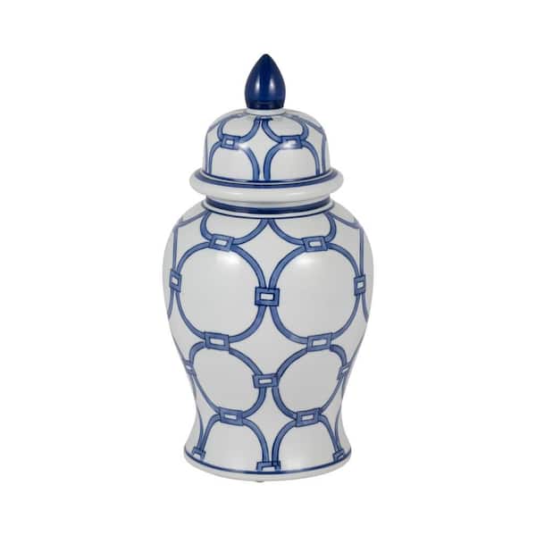 14.25 in. Blue Stoneware Round Links Temple Decorative Vase with Lid