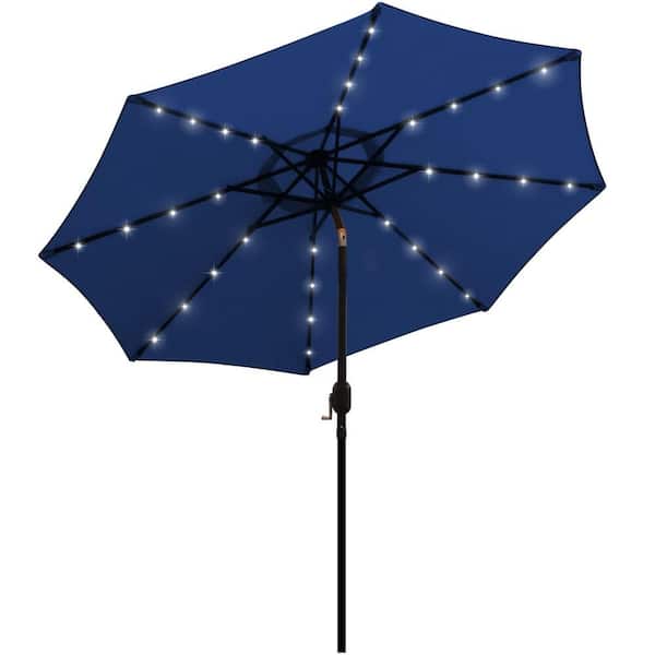 Unbranded 9 ft. Iron Market Solar 32 LED Lighted Push-Button Tilt Patio Umbrella in Navy Blue