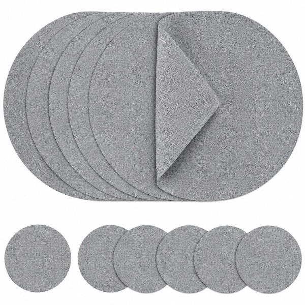 13 in. Round Light Grey Faux Leather Washable Placemats and Coasters, Heat-Resistant Set of 6 for Indoor Outdoor Use