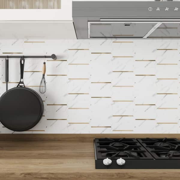 Peel and Stick White and Gold Mosaic Backsplash Tile 10 in. x 10 in. Vinyl Wall Tile 10-Pack, Cover (7.85 sq. ft.)