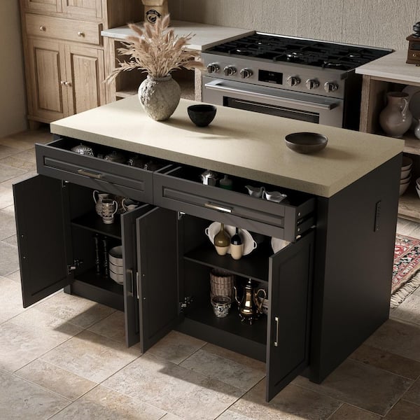 Black Finish Wood Top 61 in. Kitchen Island with Adjustable Shelves, Storage Drawers, Built-in Power Outlets