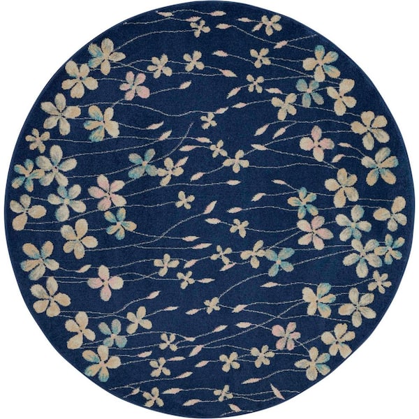 Nourison Tranquil Navy Blue 5 Ft X 5 Ft Floral Modern Round Area Rug 484499 The Home Depot