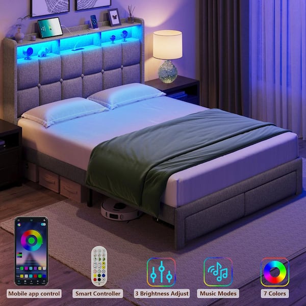 Light Gray Wood Frame Queen Size Upholstered Platform Bed with LED Lights, Charging Station, Headboard and 2-Drawers