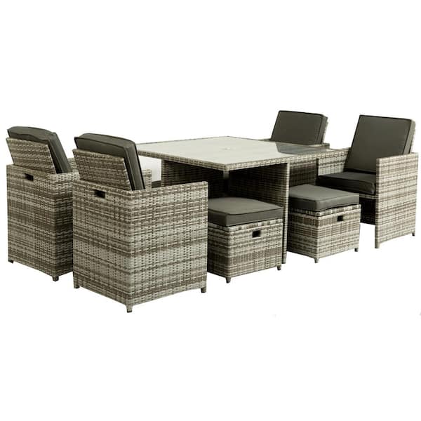 URTR Gray 9-Piece PE Wicker Outdoor Dining Set Patio Dining Set Table Chairs and Storage Ottoman with Dark Gray Cushion