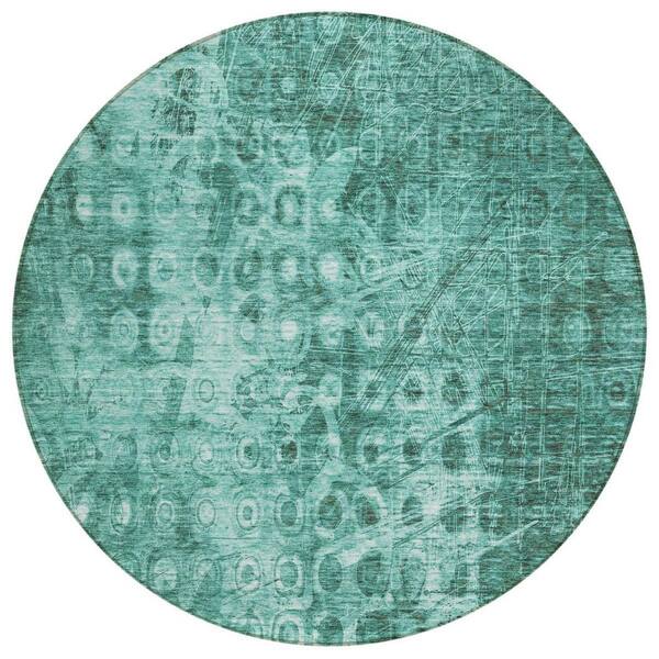 Teal Blue 8 Round ft. Woven Ikat Polyester Round Indoor / Outdoor Area Rug