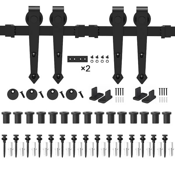 WINSOON 18 ft./216 in. Black Steel Heavy-Duty Rolling Barn Door Hardware Kit for Double Wood Doors with Non-Routed Floor Guide