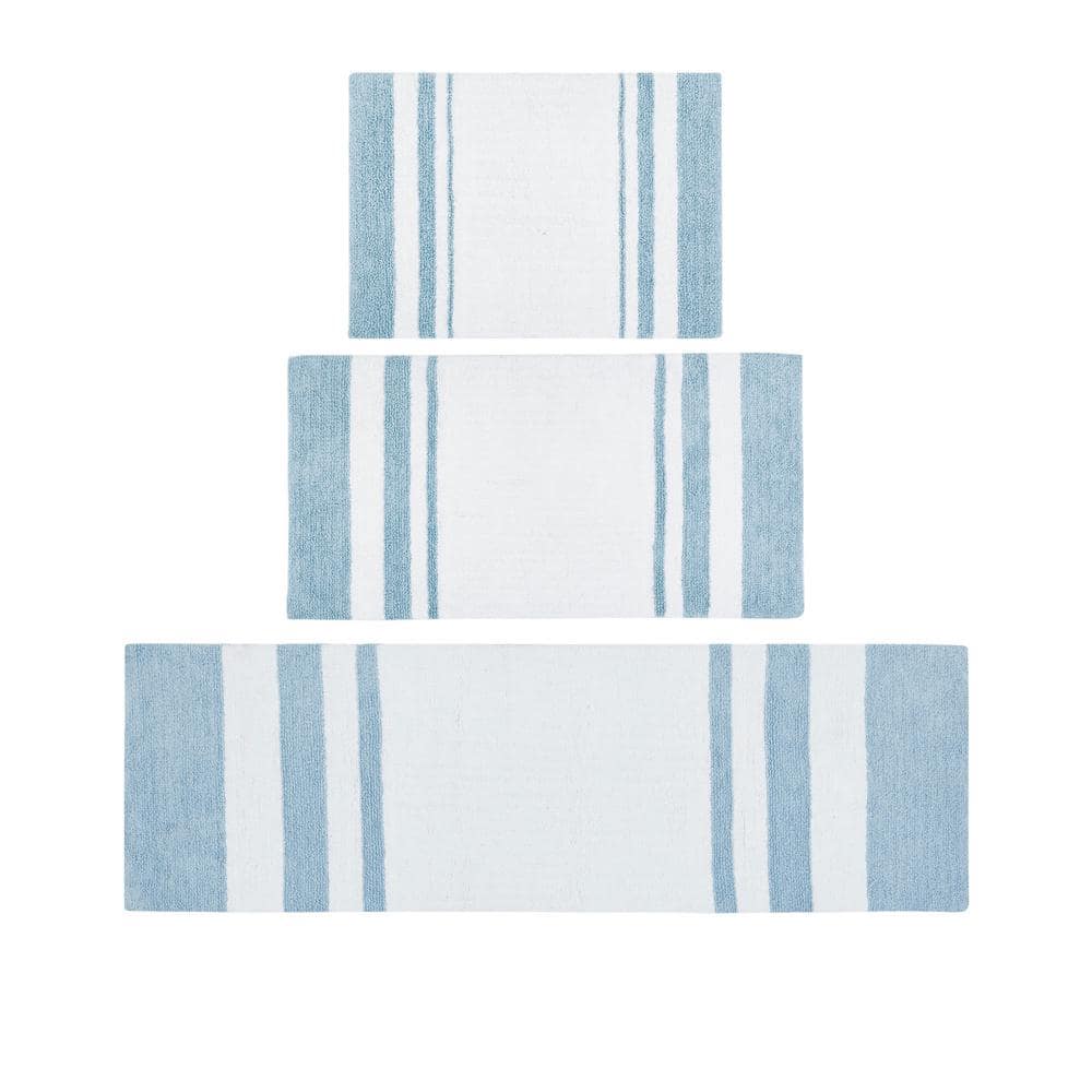Blue and White Cotton Reversible Bath Rug