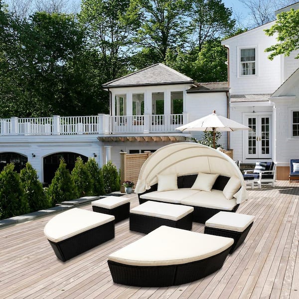 Tunearary Round 7-Pieces Outdoor Wicker Sunbed Combination Sofa with Beige Washable Cushions