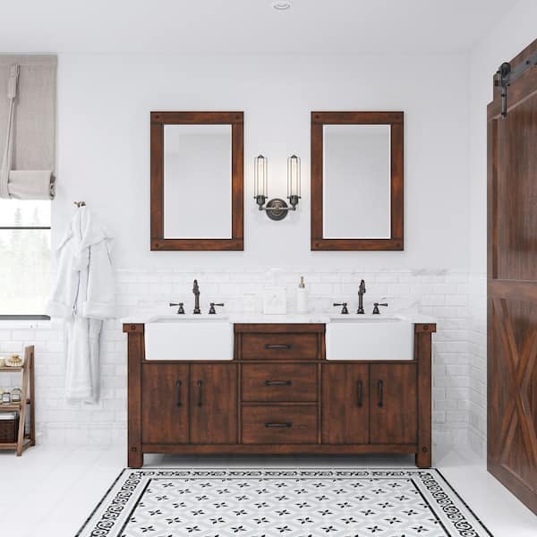 Water Creation Paisley 72 in. W x 22 in. D Vanity in Rustic Sienna with Marble Vanity Top in White with White Basin and Mirror