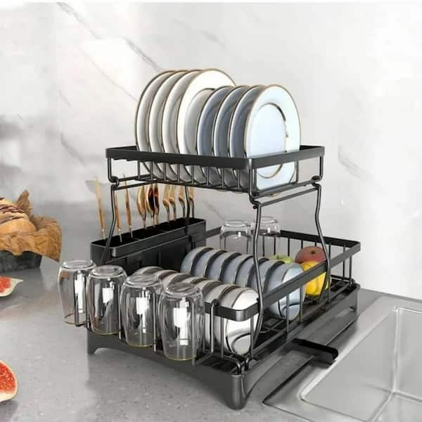 2 Tier Black Steel Standing Dish Racks with Utensil Holder, Drainboard and Cup Holder