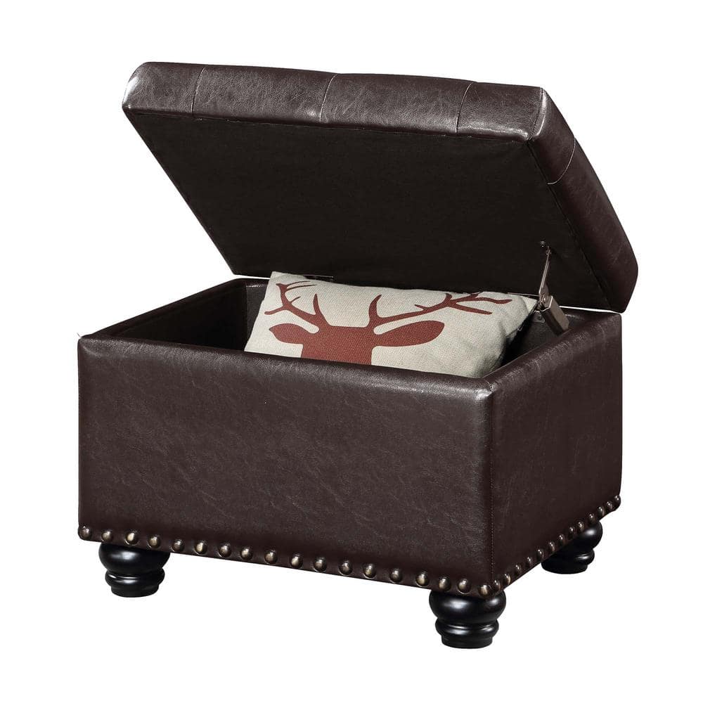 Espresso Faux Leather Tufted Storage Ottoman with Nailhead Trim